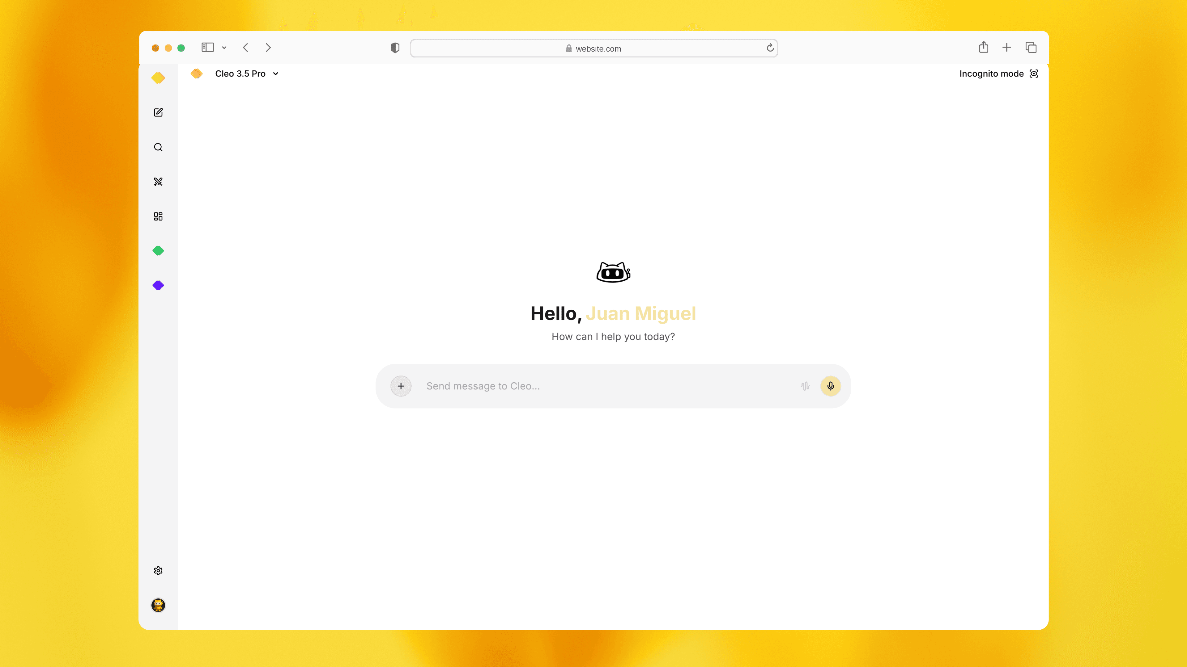 Interfaz limpia de Cleo lista para iniciar conversación